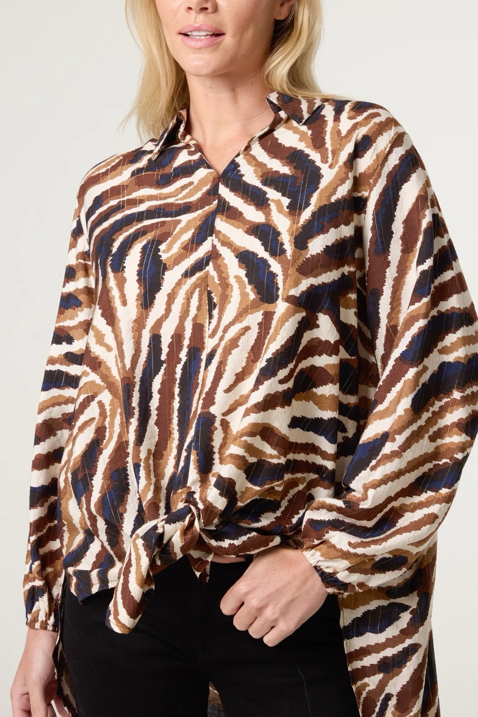 Animal Print Tie-Front Blouse - Brown