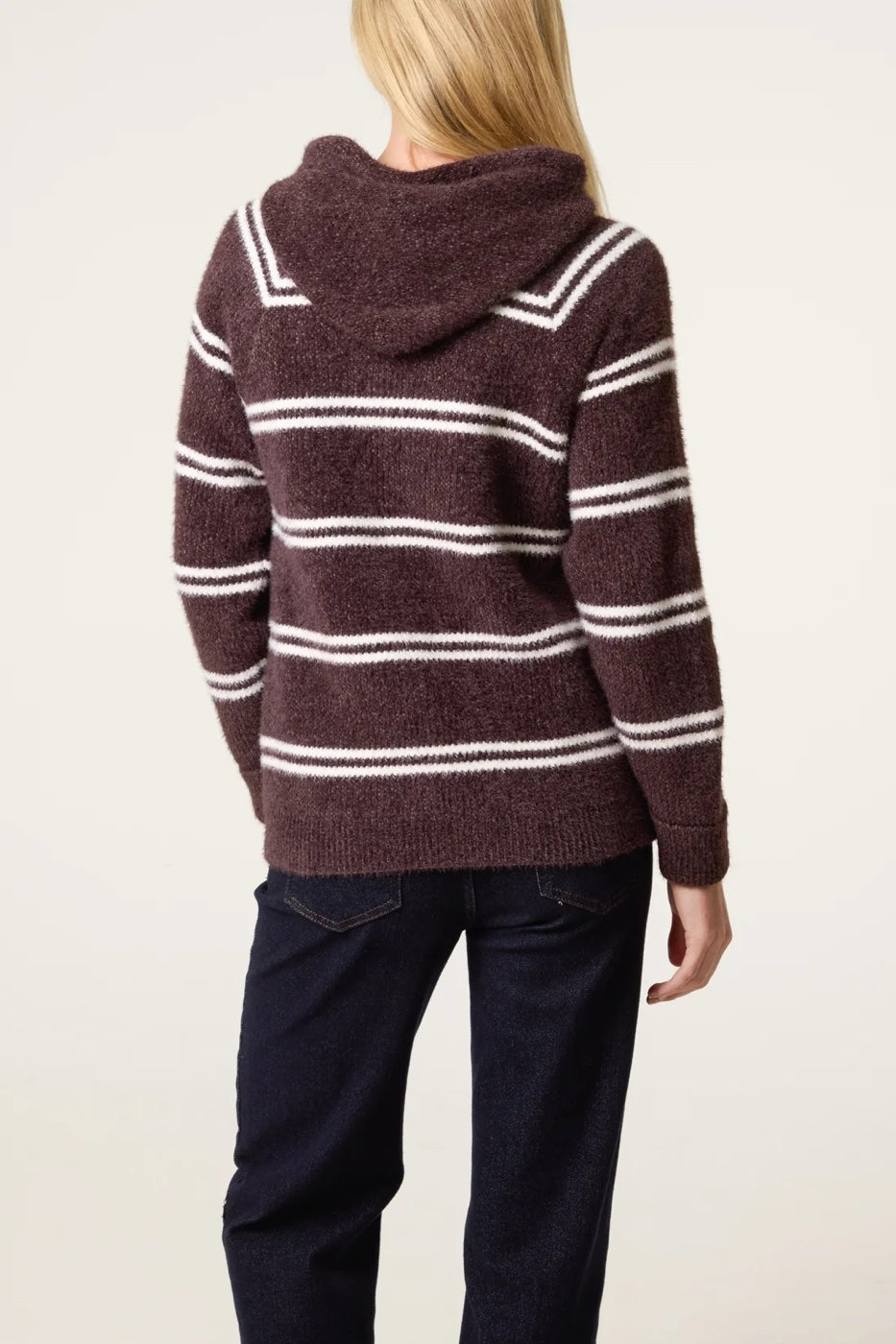 Striped Knit Hooded Cardigan - Chocolate/Ivory (2)
