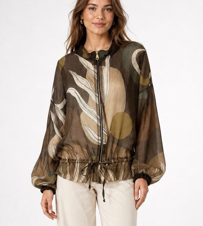 Abstract Print Sheer Bomber Jacket - Chocolate
