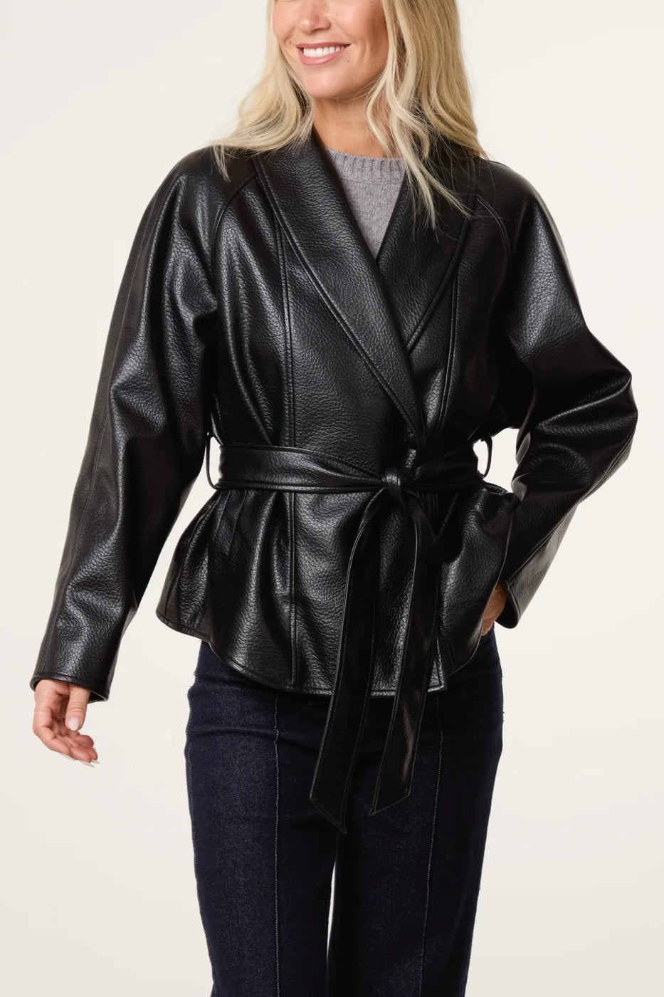 Textured Faux Leather Wrap Jacket - Black