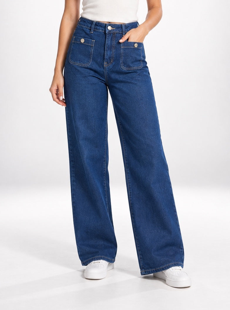 Reversed Pocket Wide-Leg Jeans - Indigo