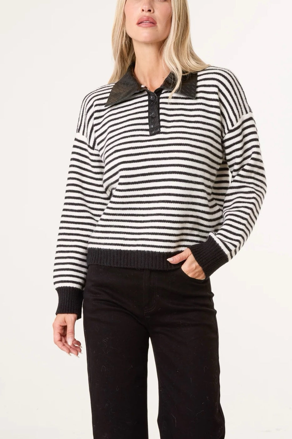 Striped Knit Jumper with Faux Leather Collar - Black