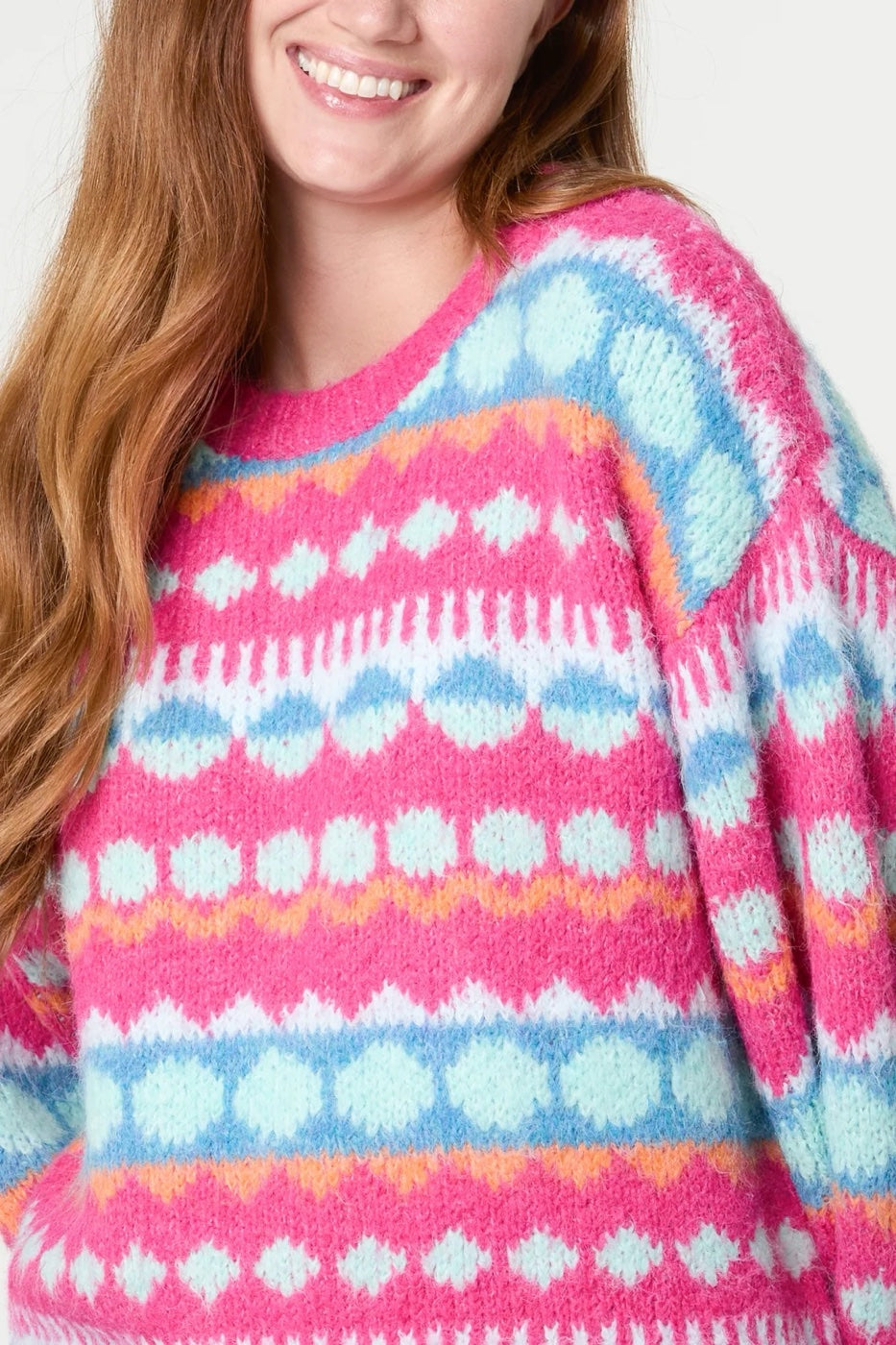 Geometric Knit Jumper with Balloon Sleeves - Pink