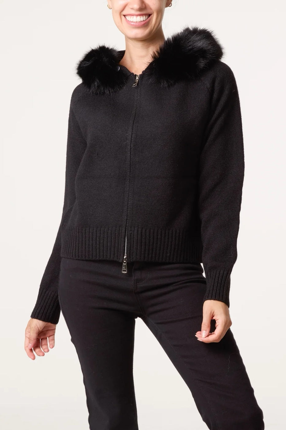 Faux Fur Trimmed Knitted Cardigan - Black (2)