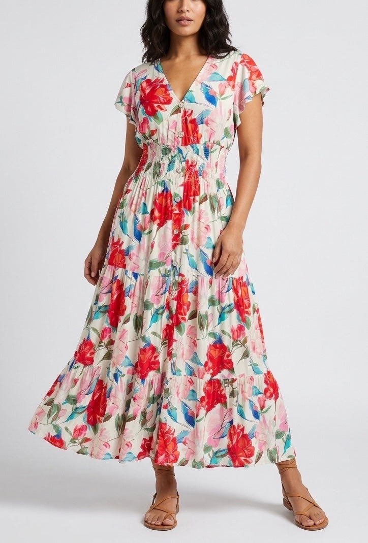 Bold Flower Shirred Waist Maxi Dress - Red
