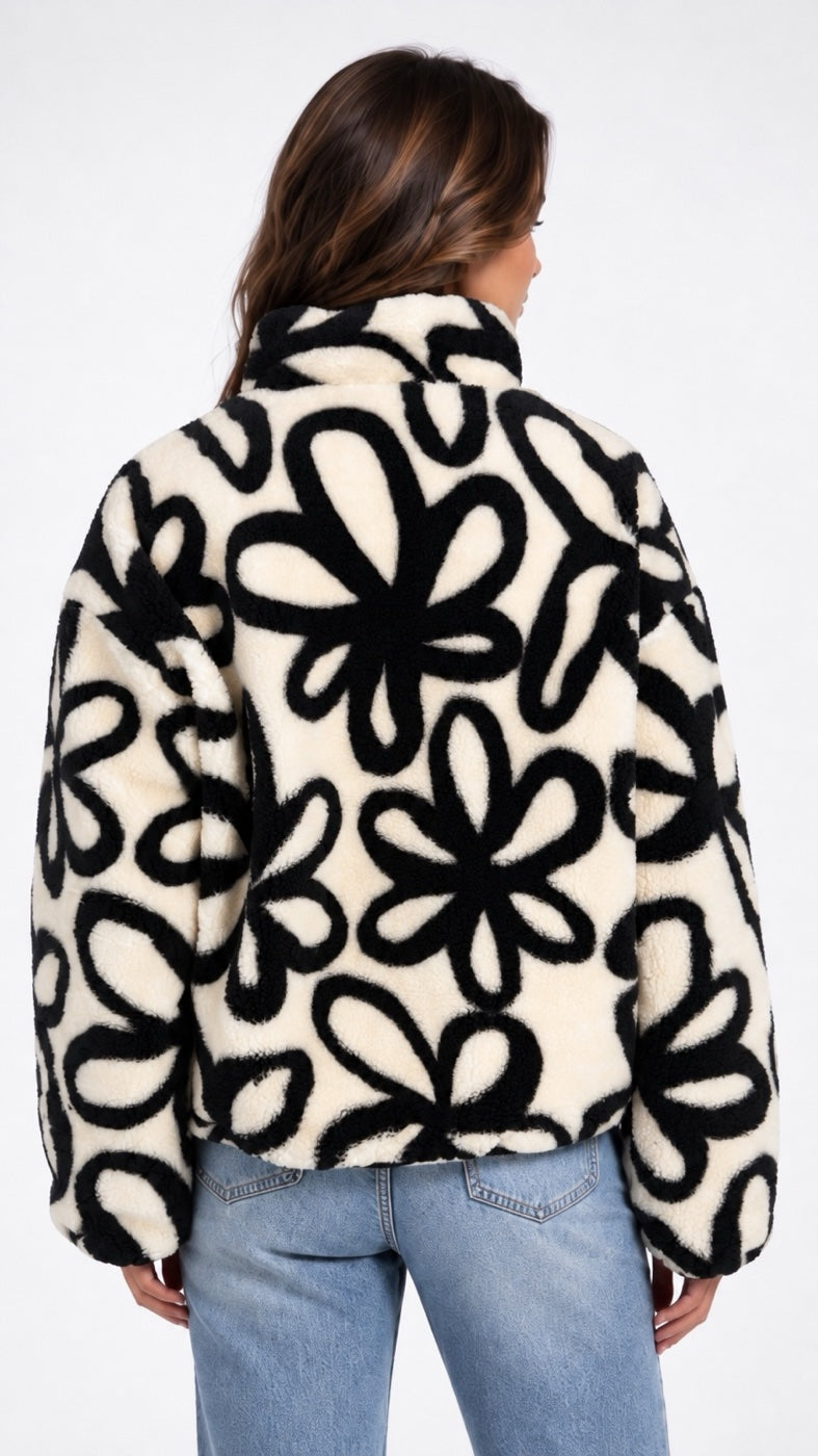 Floral Fleece Stand-Up Collar Pullover - Ivory