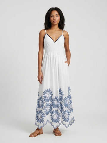 Embroidered Maxi Dress With Lace Trim - White