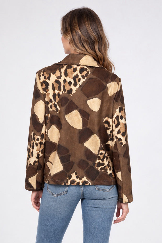 Abstract & Animal Print Biker Jacket - Chocolate