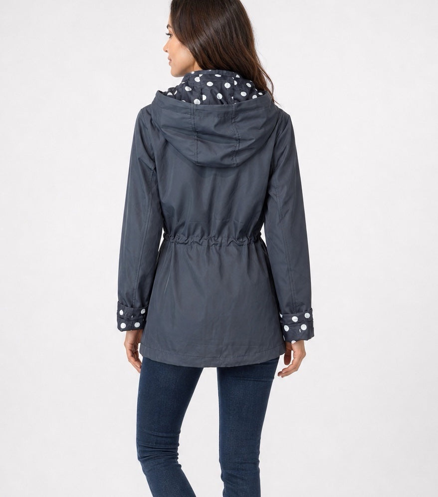 Polka Dot Lined Hooded Parka - Navy (2)