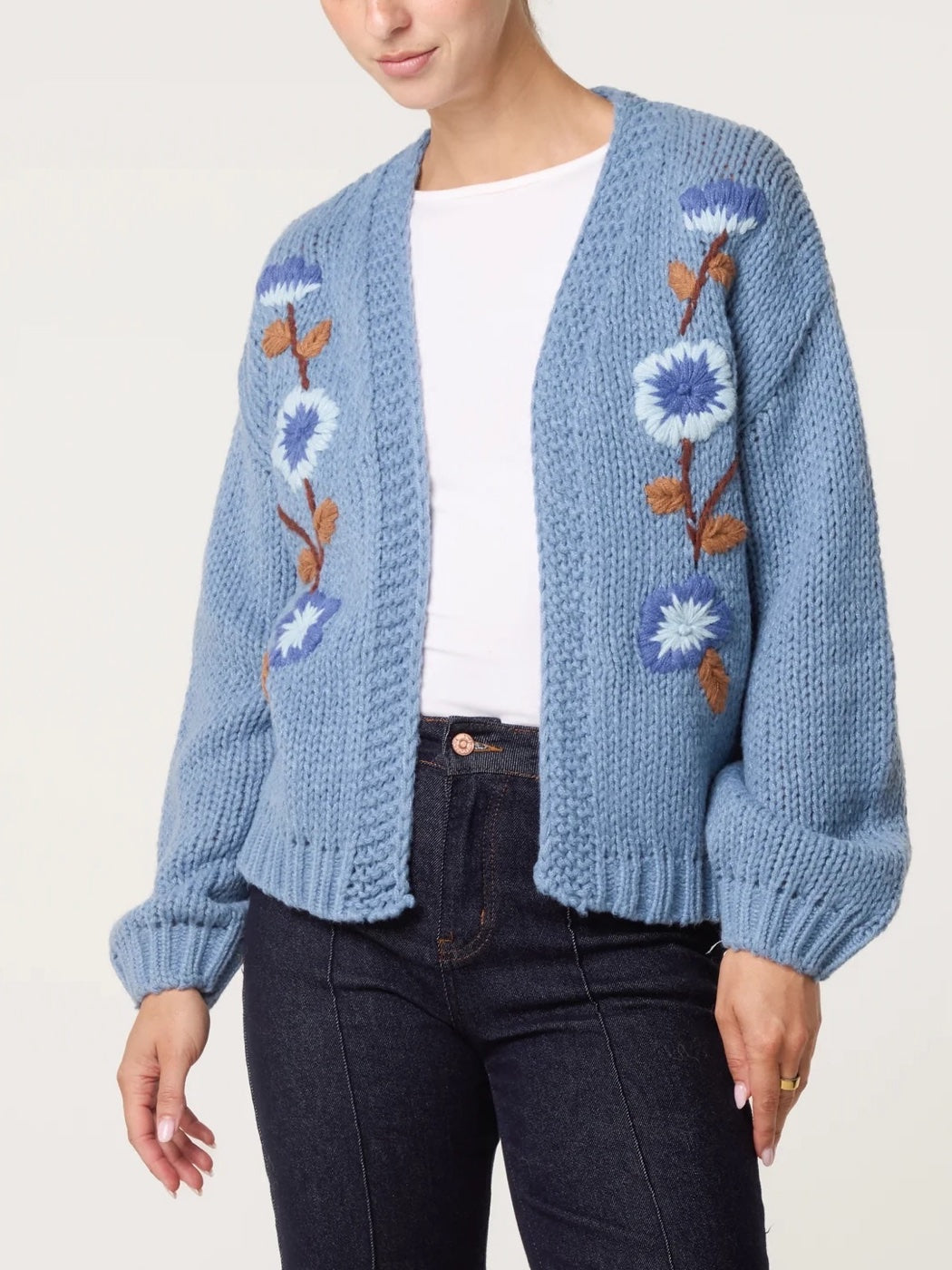 Embroidered Floral Knit Cardigan Denim  - Denim