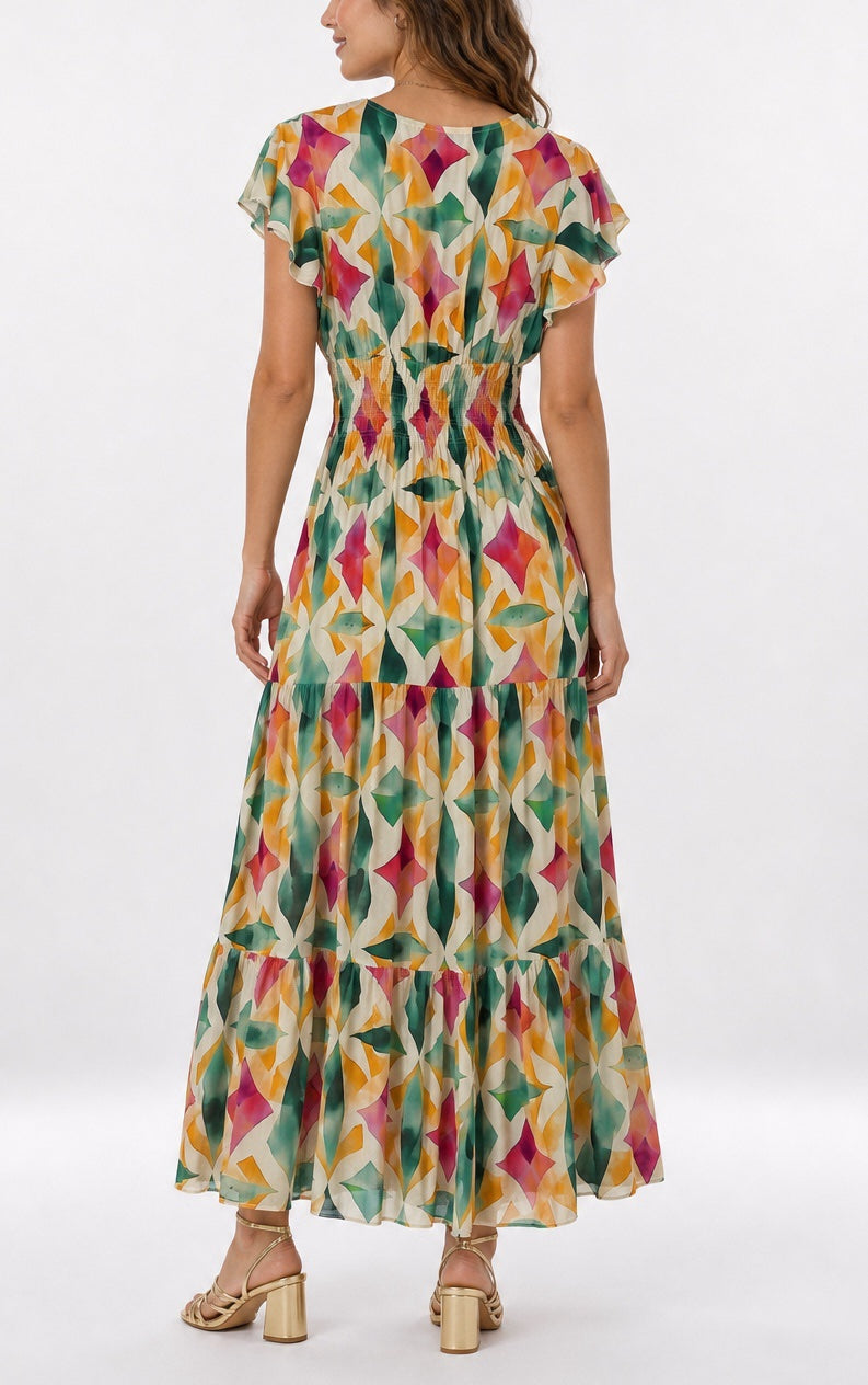 Flutter Sleeve Shirred Waist Maxi Dress 962-L3 - Multi (2)