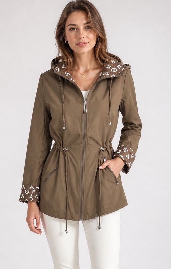 Hooded Drawstring Waist Jacket - Chocolate