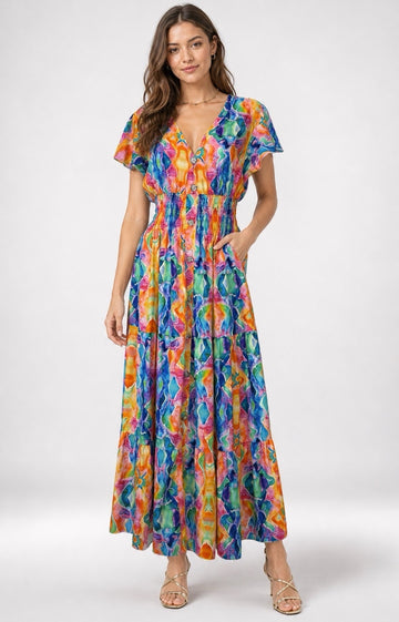 Abstract Print Maxi Dress with Pockets - Multi