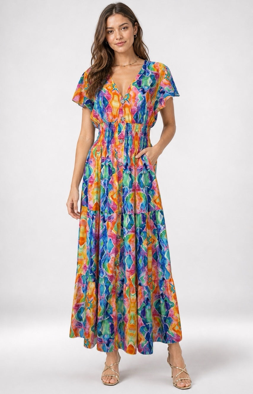 Abstract Print Maxi Dress with Pockets - Multi