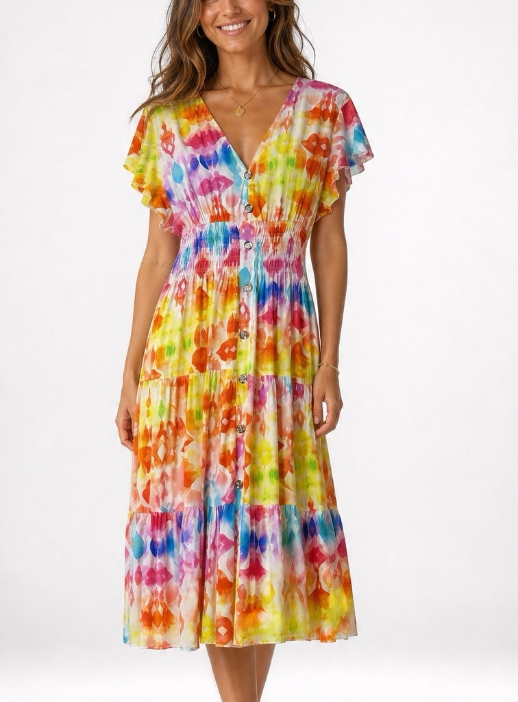 V Neck Tiered Abstract Print Midi Dress 961-K1 - Multi