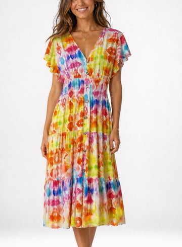 V Neck Tiered Abstract Print Midi Dress 961-K1 - Multi