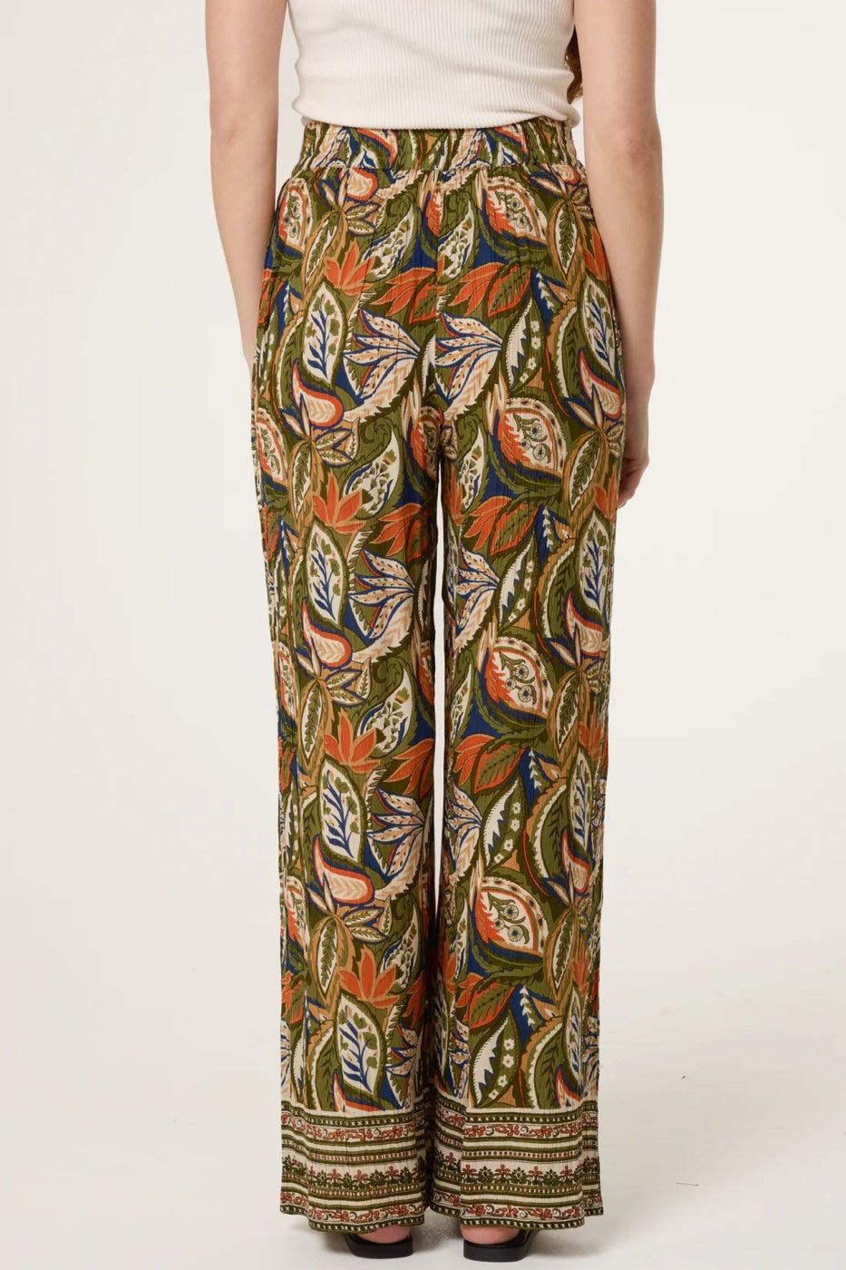 Paisley Print Wide-Leg Trousers - Dark Olive Green