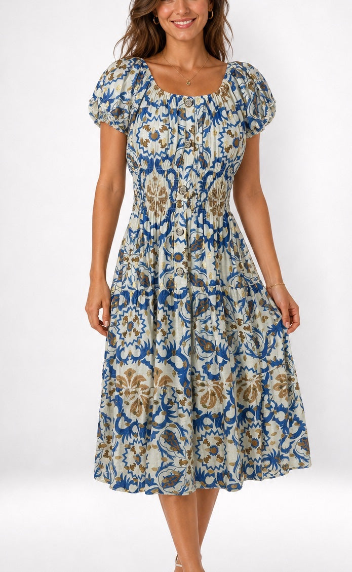 Damask Print Puff Sleeve Midi Dress - Blue