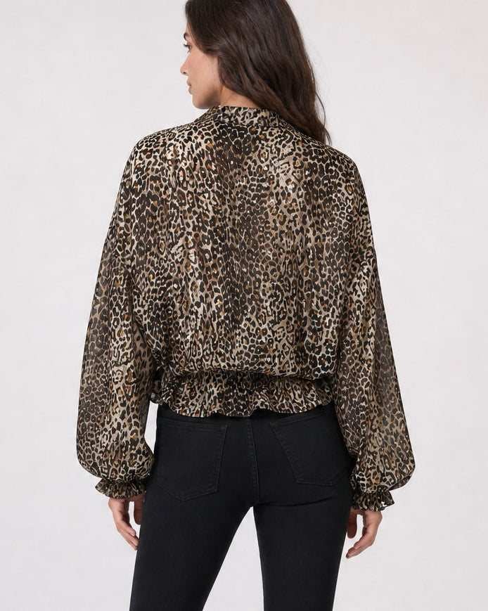 Leopard Print Zip-Up Jacket with Ruched Waist - Animal