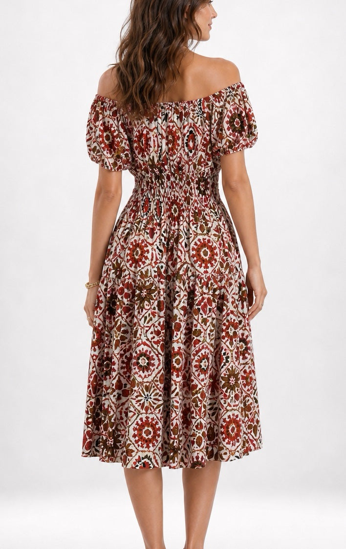 Aztec Shirred Puff Sleeve Off-the-Shoulder Dress - Red (2)