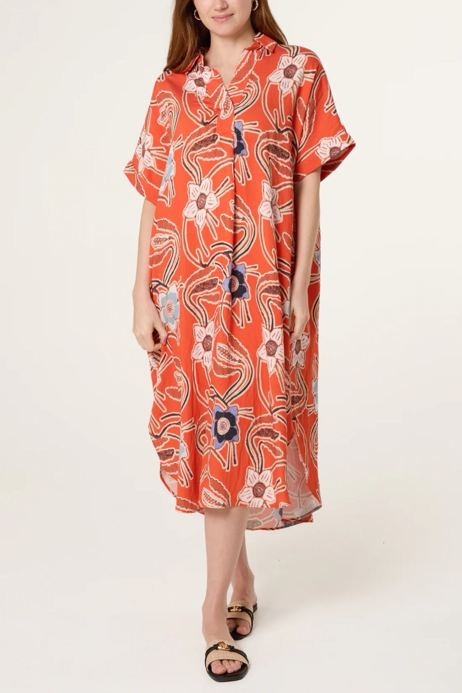 Collared Floral Print Midi Dress - Bright Orange