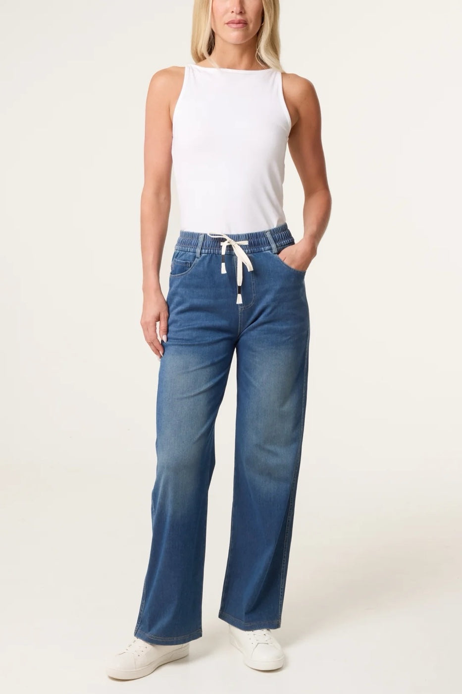 Wide Leg Denim Jeans with Drawstring Waist - Denim