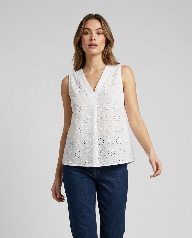 Broderie Anglaise Sleeveless V-Neck Top - White