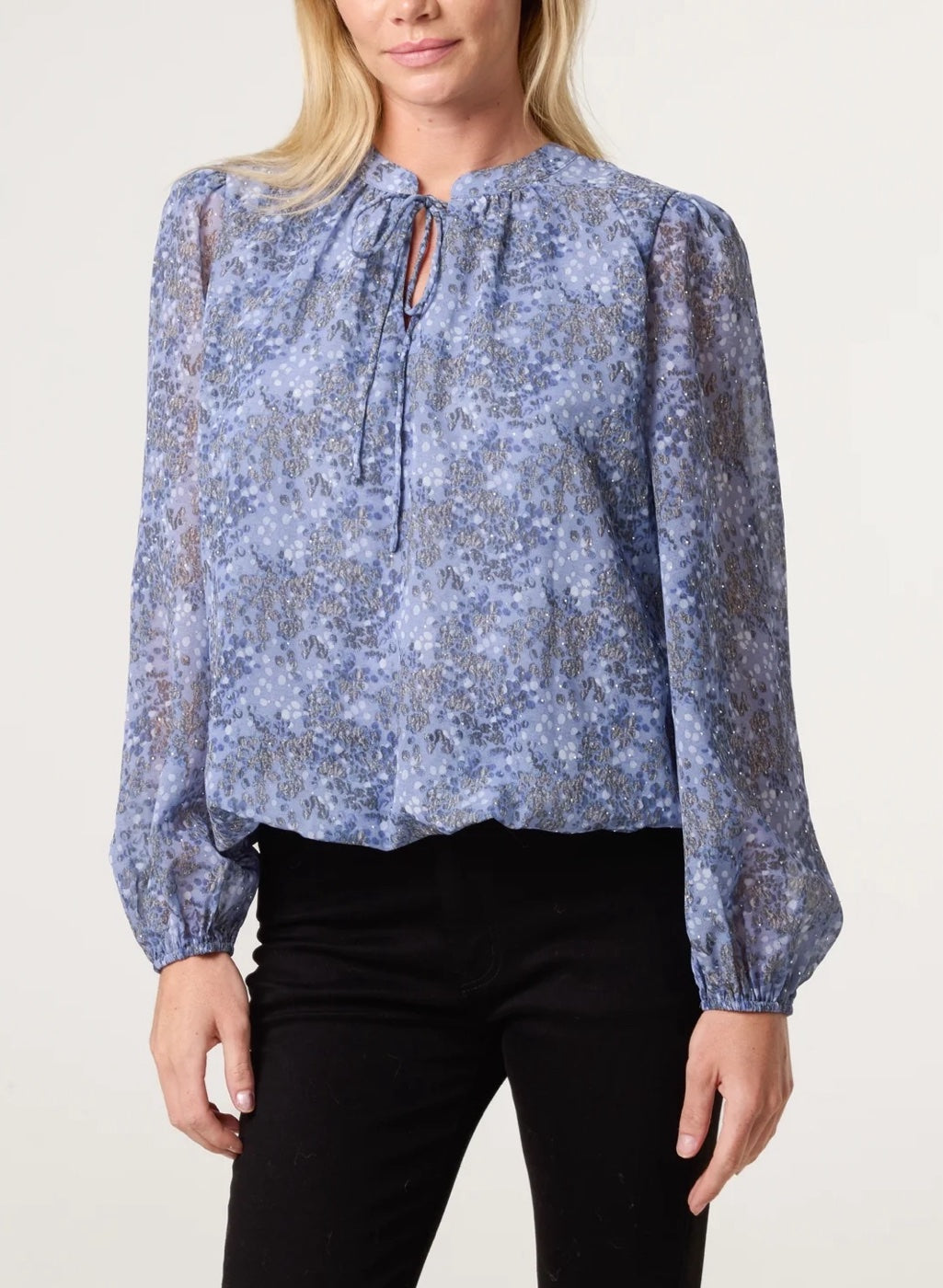 Abstract Print Tie Neck Blouse - Denim