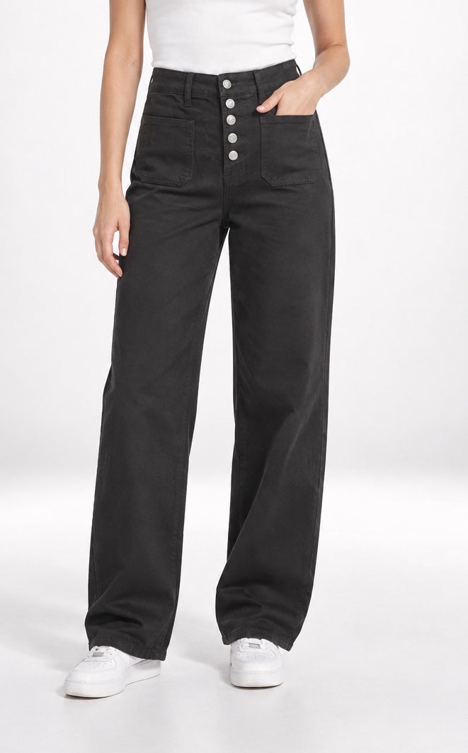 High Rise Wide Leg Utility Jeans - Black