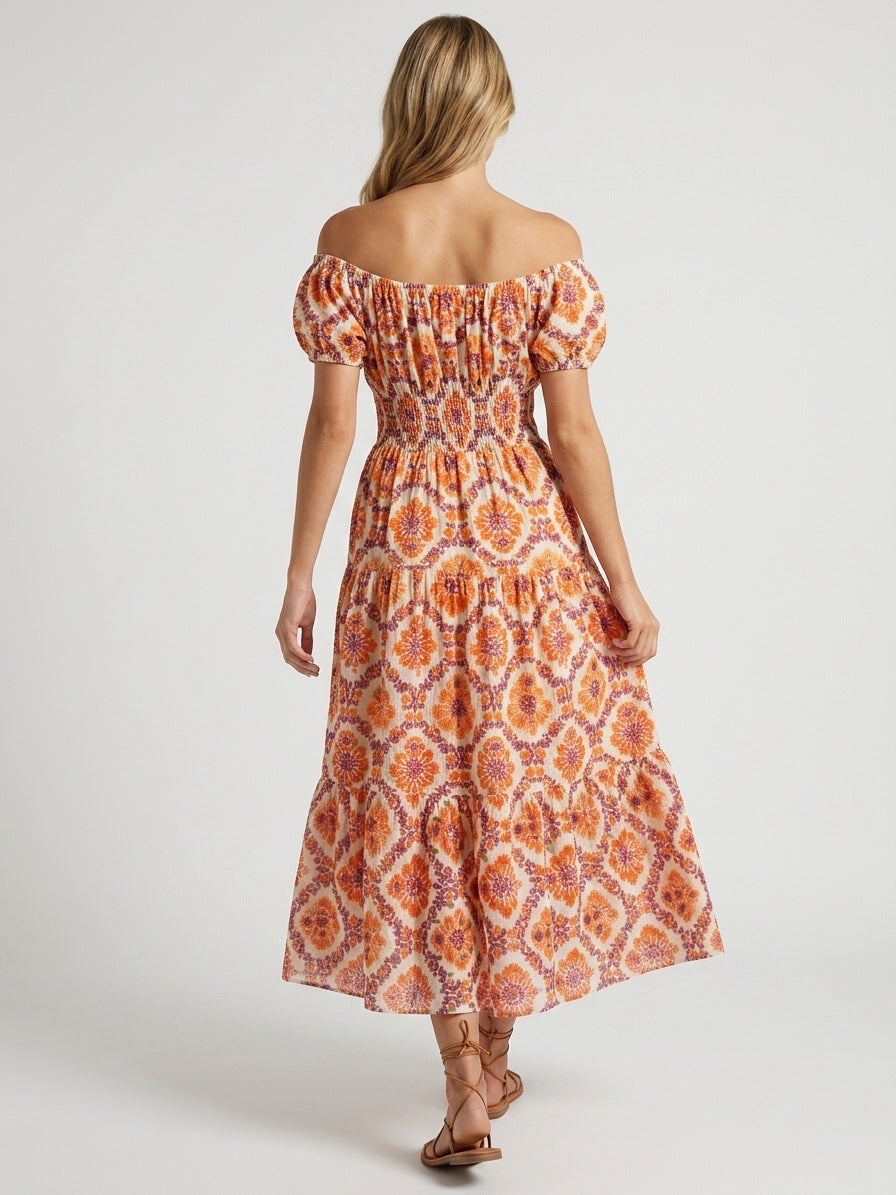 Bohemian Off-Shoulder Floral Maxi Dress - Orange (2)