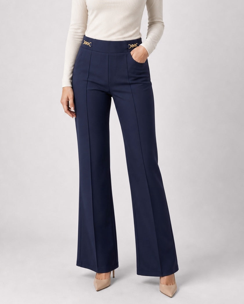 Tailored Wide-Leg Trousers with Gold Hardware - Navy
