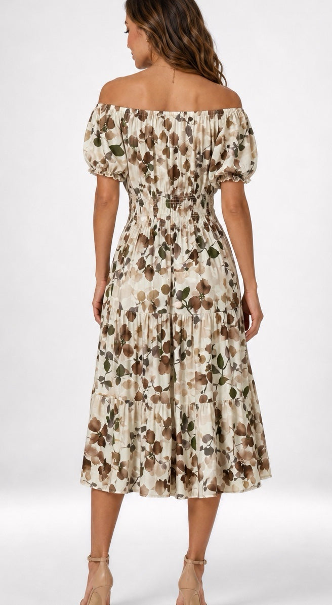 Off Shoulder Leaf Print Midi Dress - Chocolate (2)