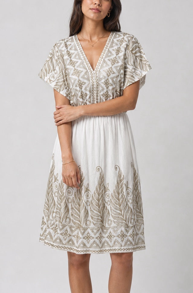 Embroidered V-Neck Flutter Sleeve Dress - White