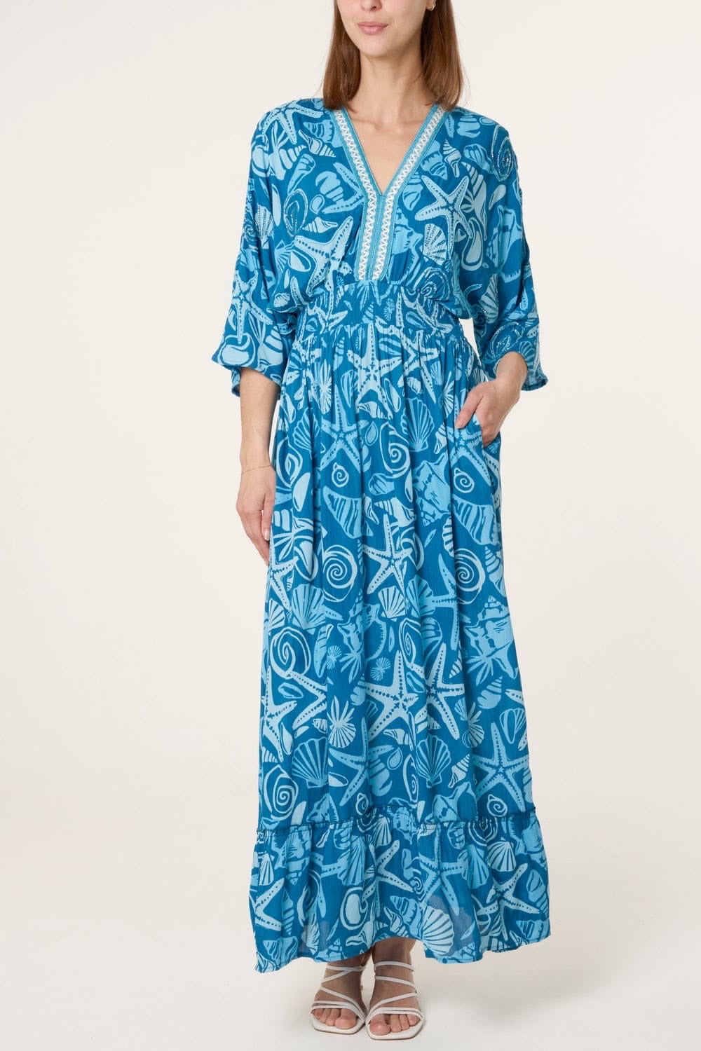 Maxi Dress with Shell and Starfish Print - Blue