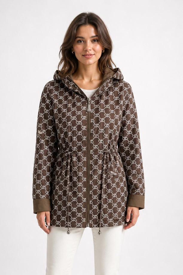 Hooded Drawstring Jacket with Patterned Accents - Chocolate (3)