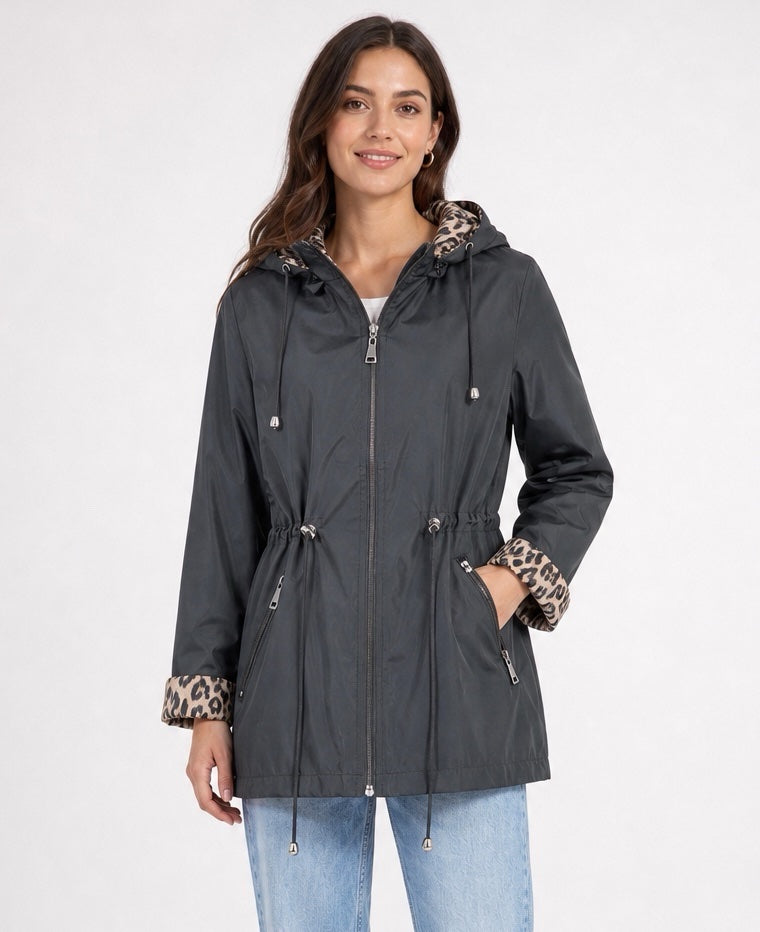 Reversible Hooded Drawstring Waist Jacket - Black