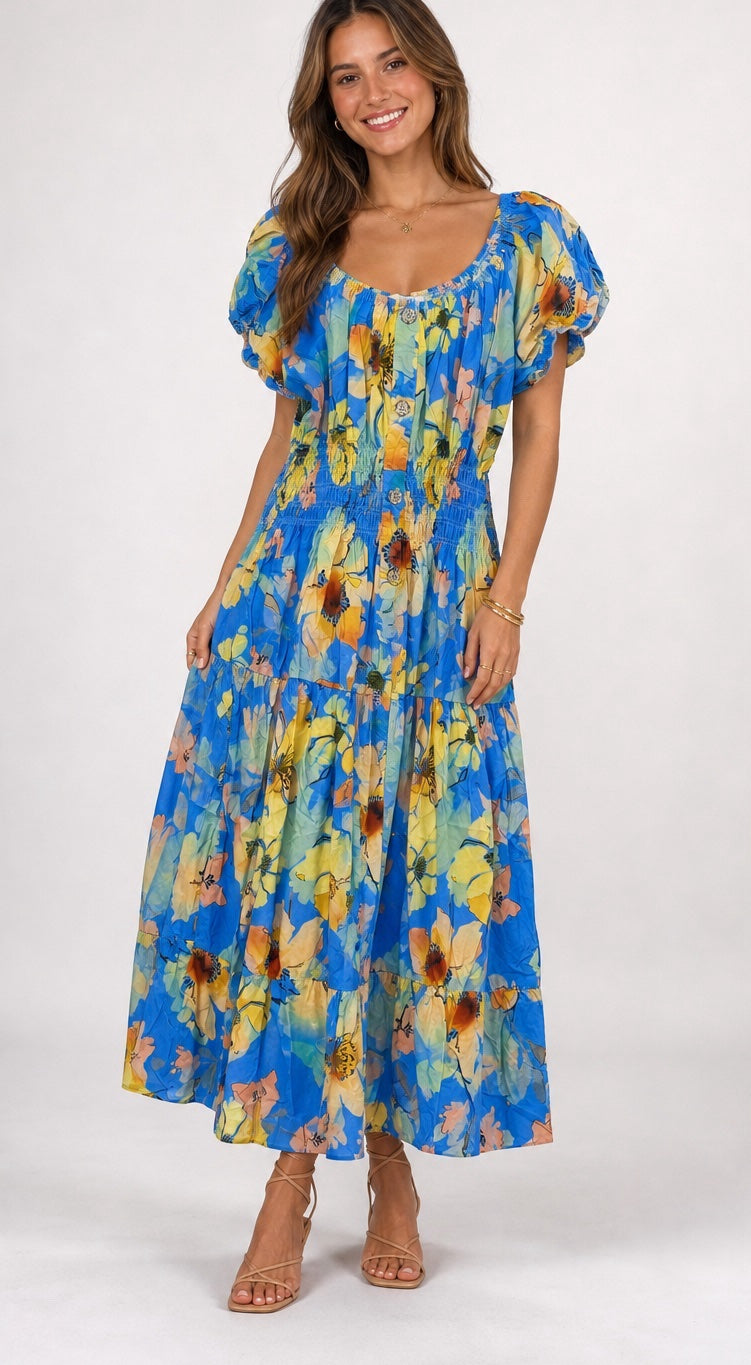 Tiered Floral Maxi Dress with Smocked Bodice - Bright Blue