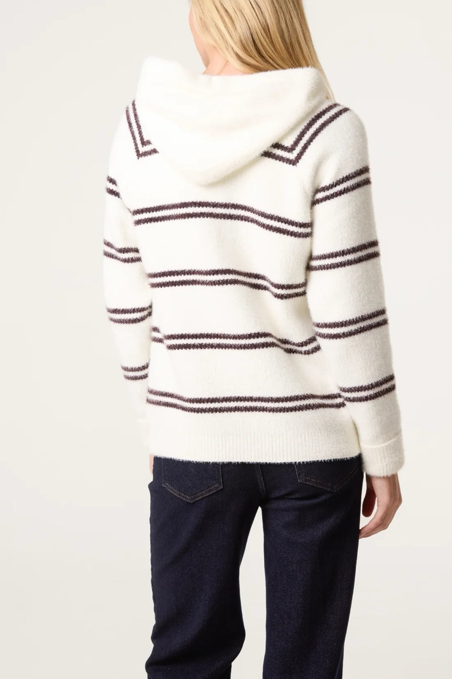 Striped Knit Zip-Up Hoodie - Ivory/ Chocolate (2)