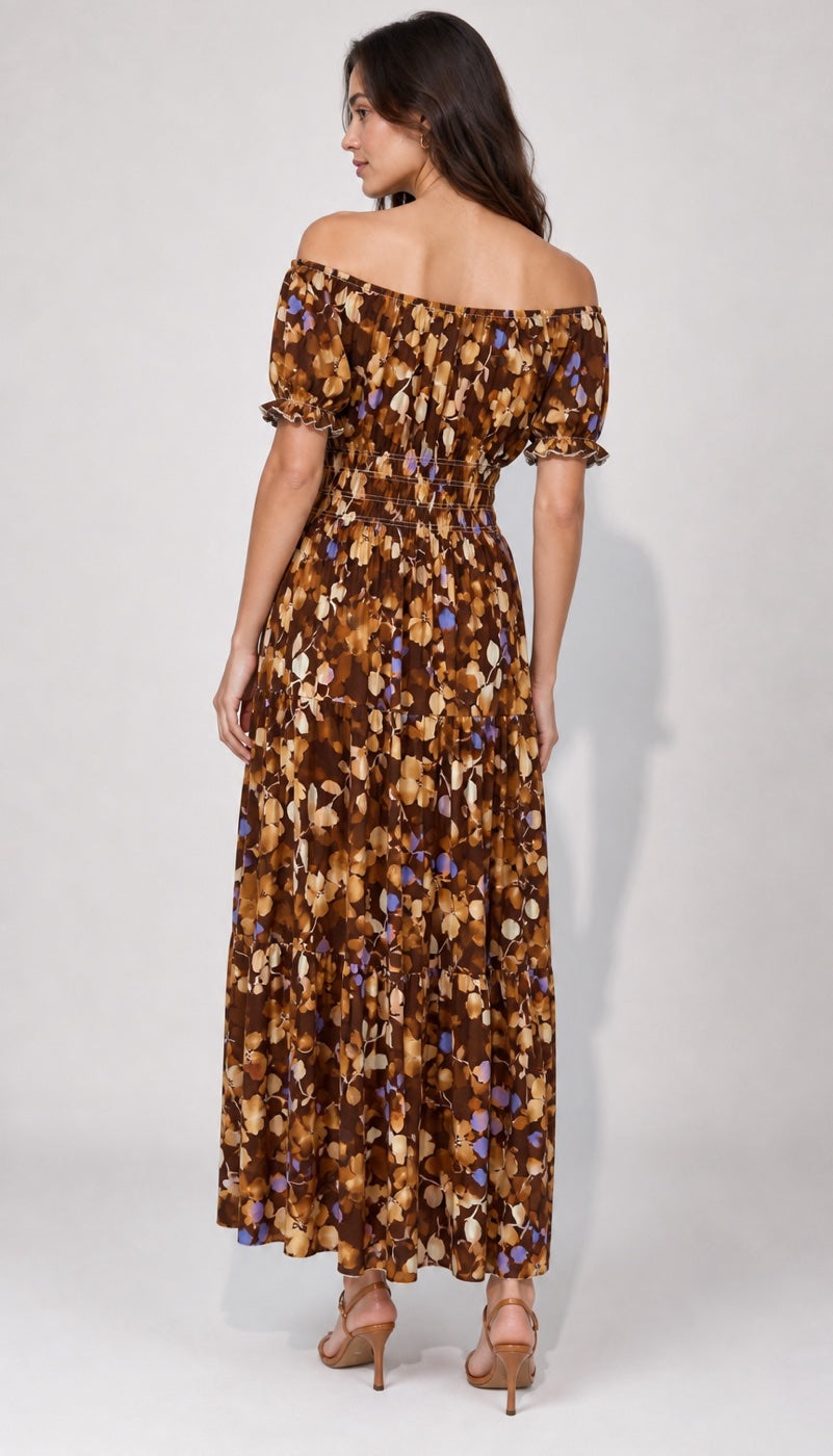 Shirred Bodice Off-the-Shoulder Maxi Dress - Brown (2)