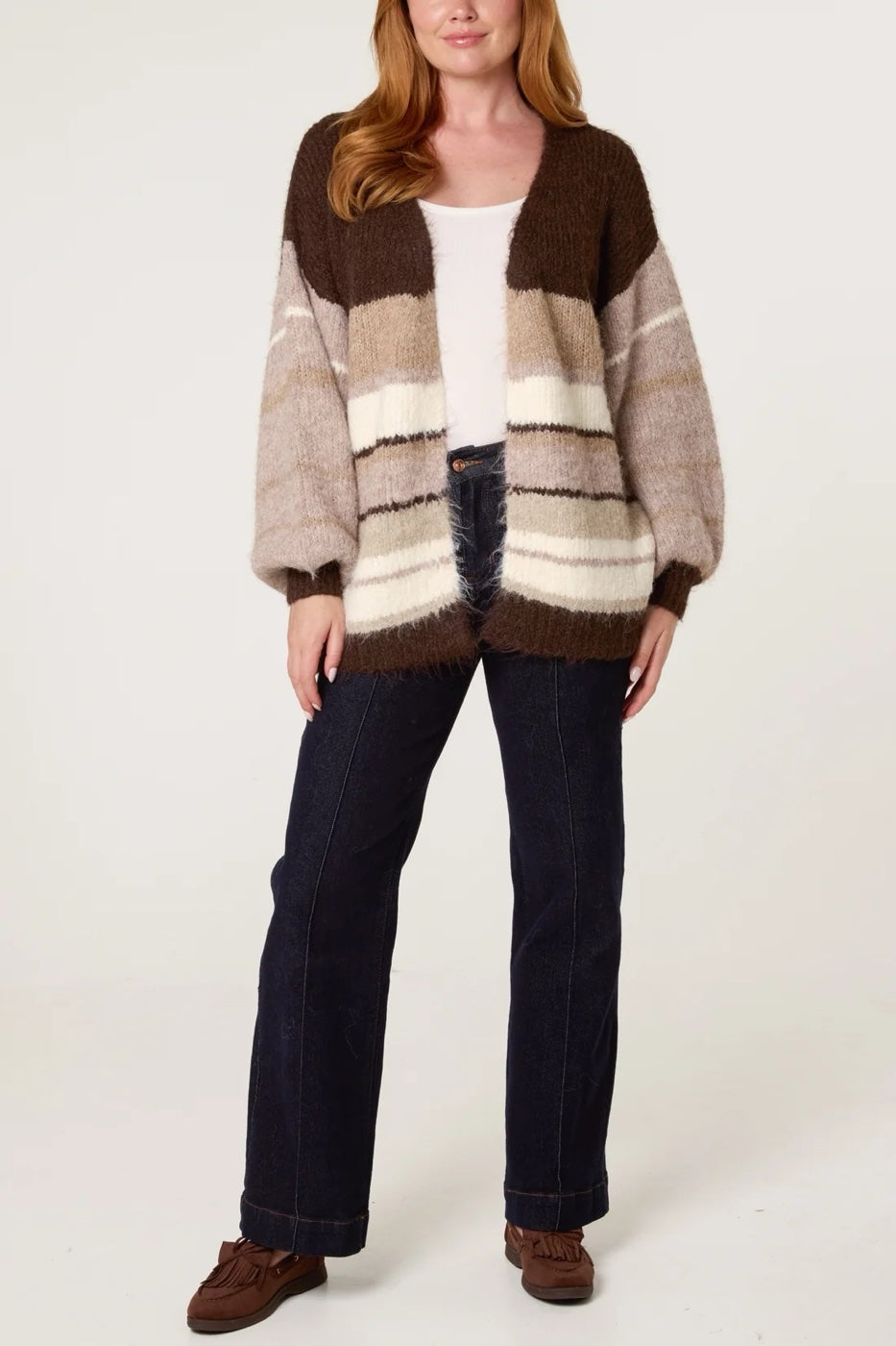Striped Knit Balloon Sleeve Cardigan - Chocolate (2)