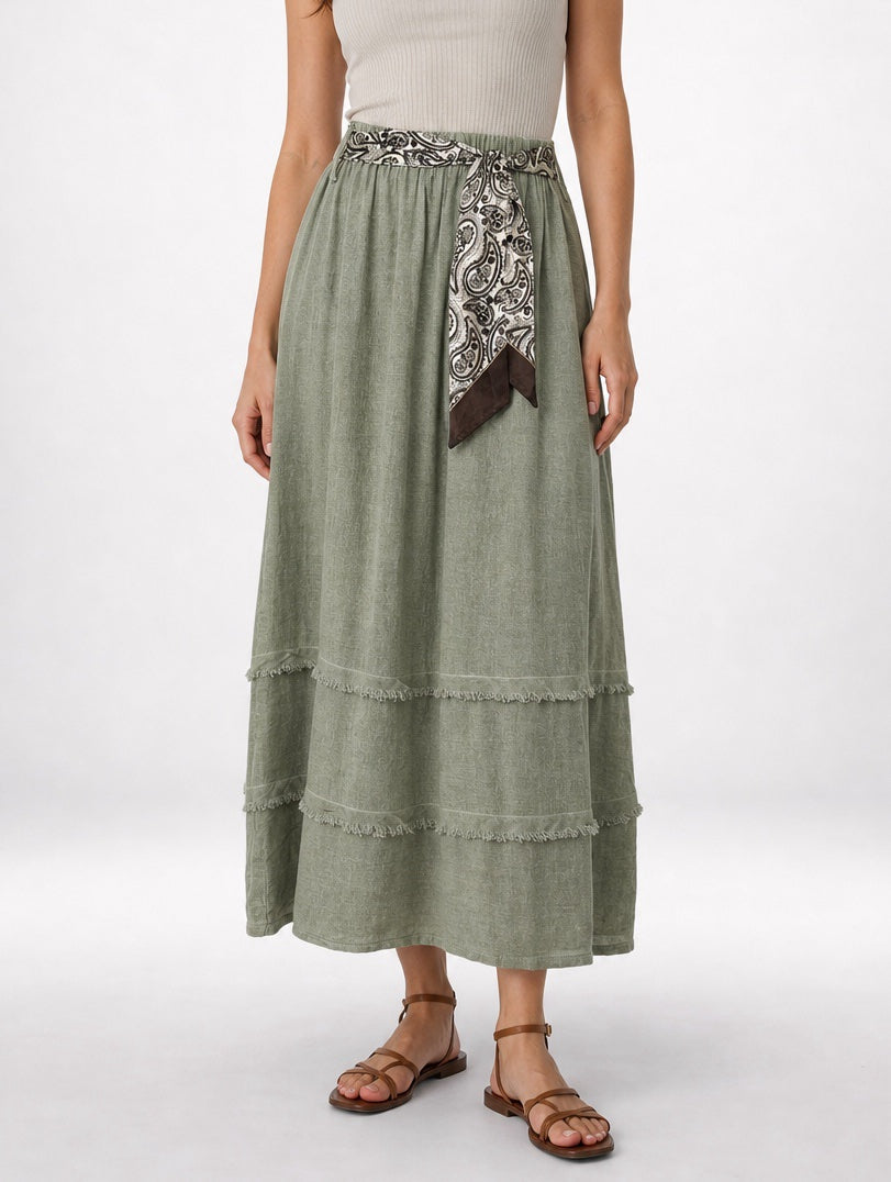Tiered Linen Mix Belted Maxi Skirt - Mixed Pack