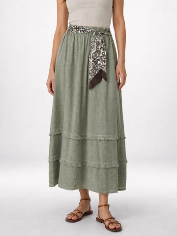 Tiered Linen Mix Belted Maxi Skirt - Mixed Pack