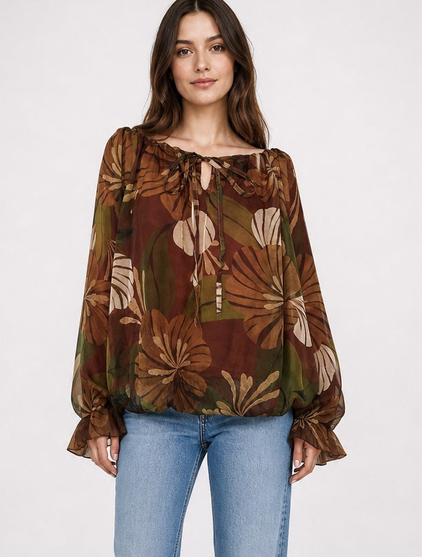 Floral Print Tie Neck Balloon Sleeve Blouse - Mixed Pack