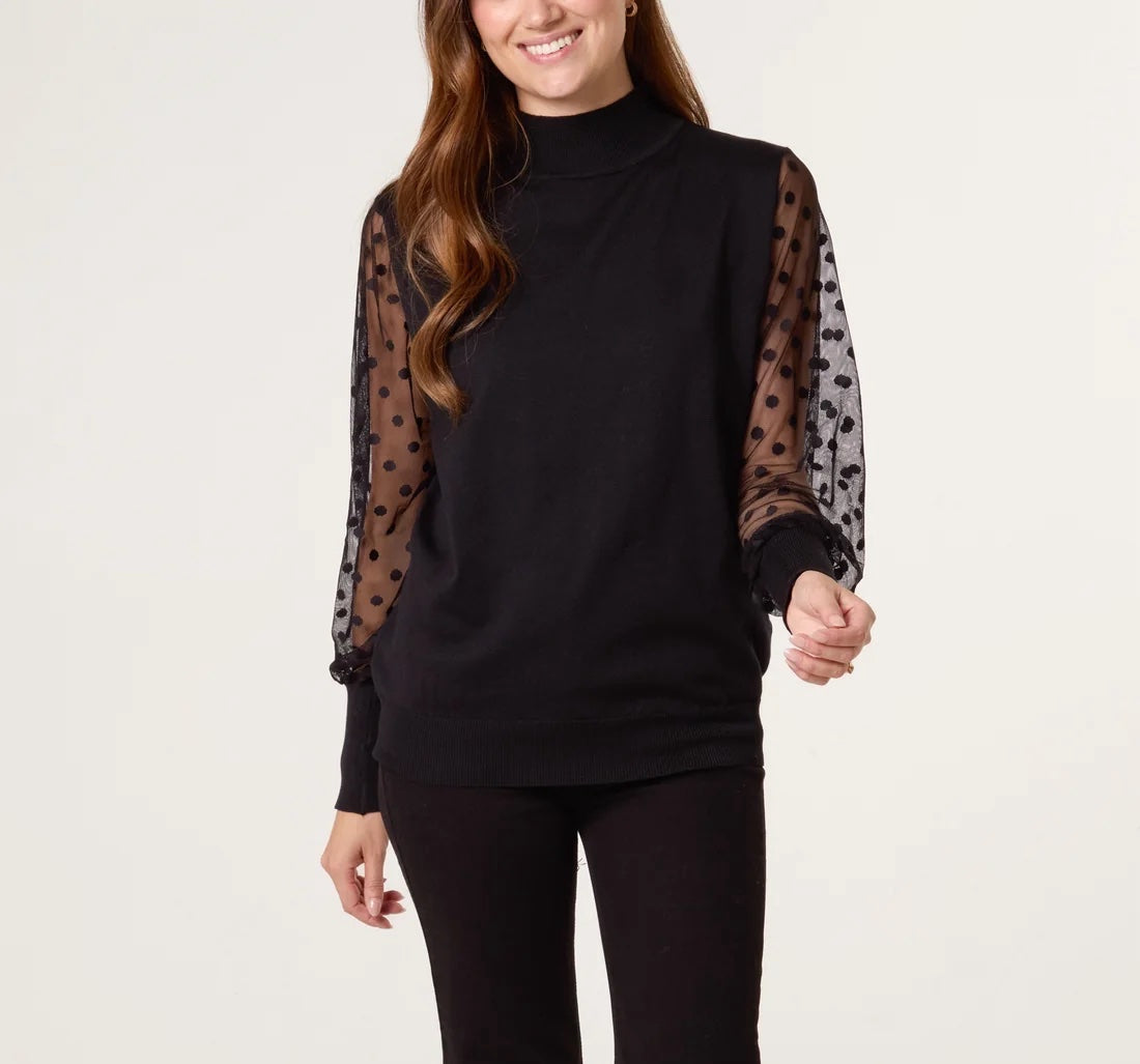 Mock Neck Jumper with Polka Dot Sheer Sleeves - Black