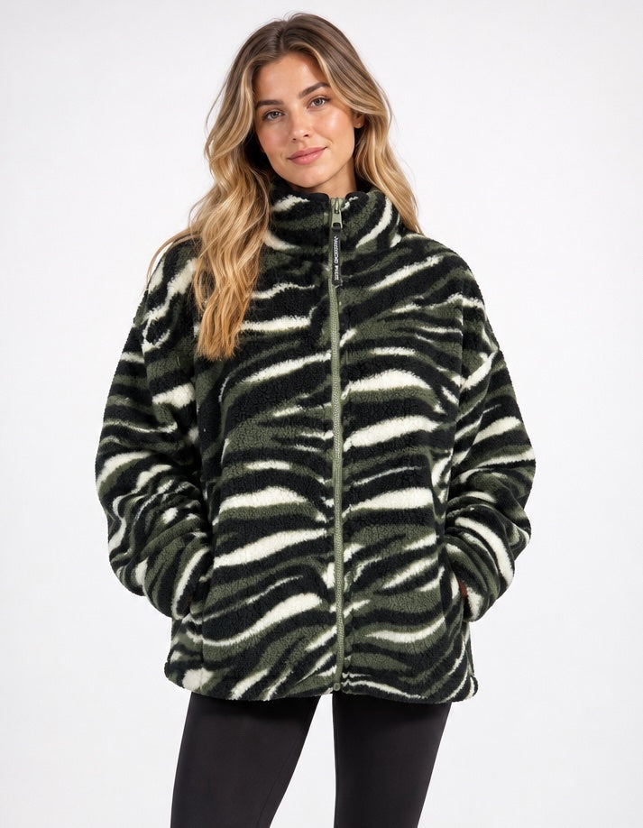 Animal Print Borg Zip-Through Jacket - Khaki Green