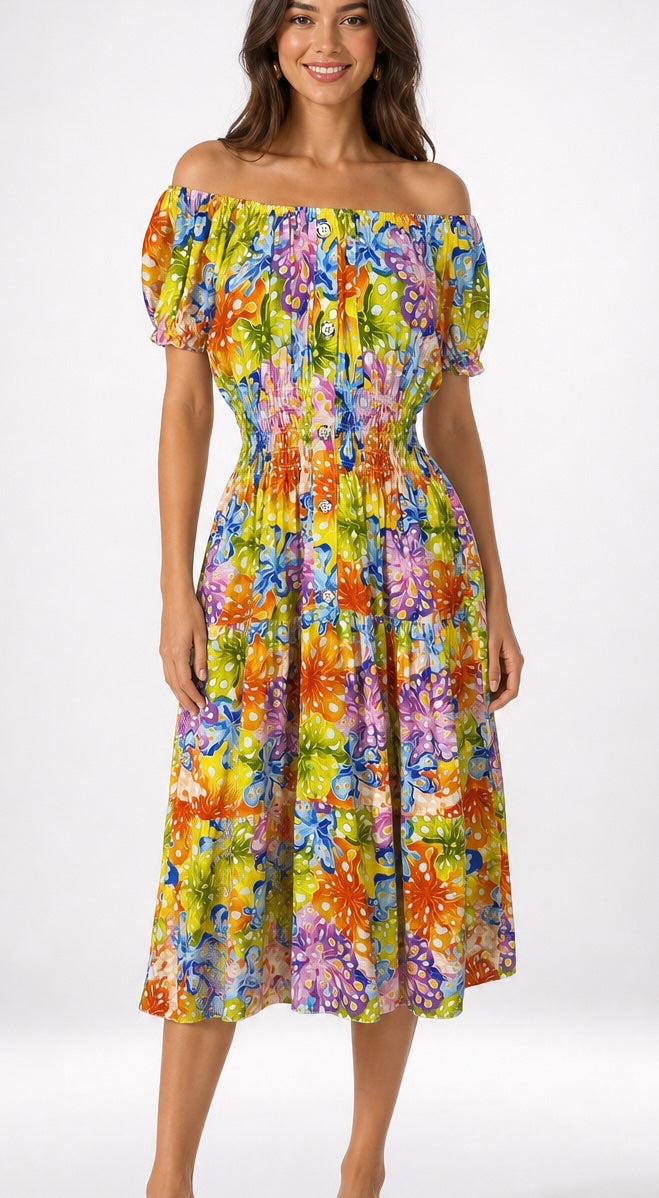 Off-the-Shoulder Multi Print Midi Dress - Multi