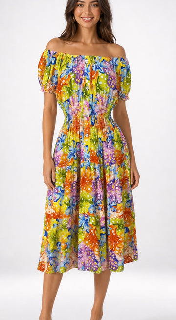 Off-the-Shoulder Multi Print Midi Dress - Multi