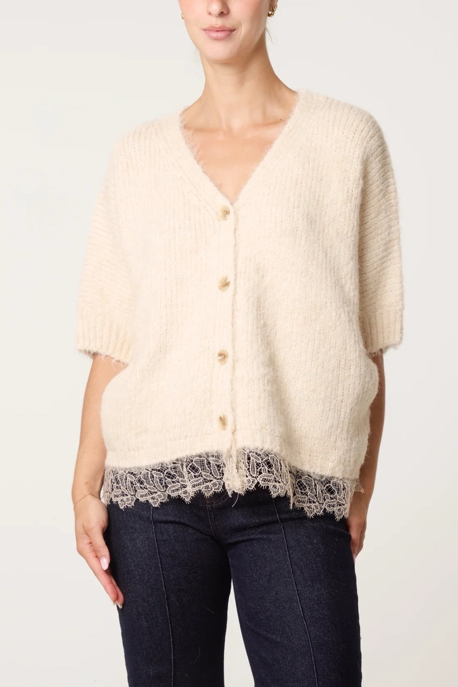 Lace Trim Knit Cardigan - Beige