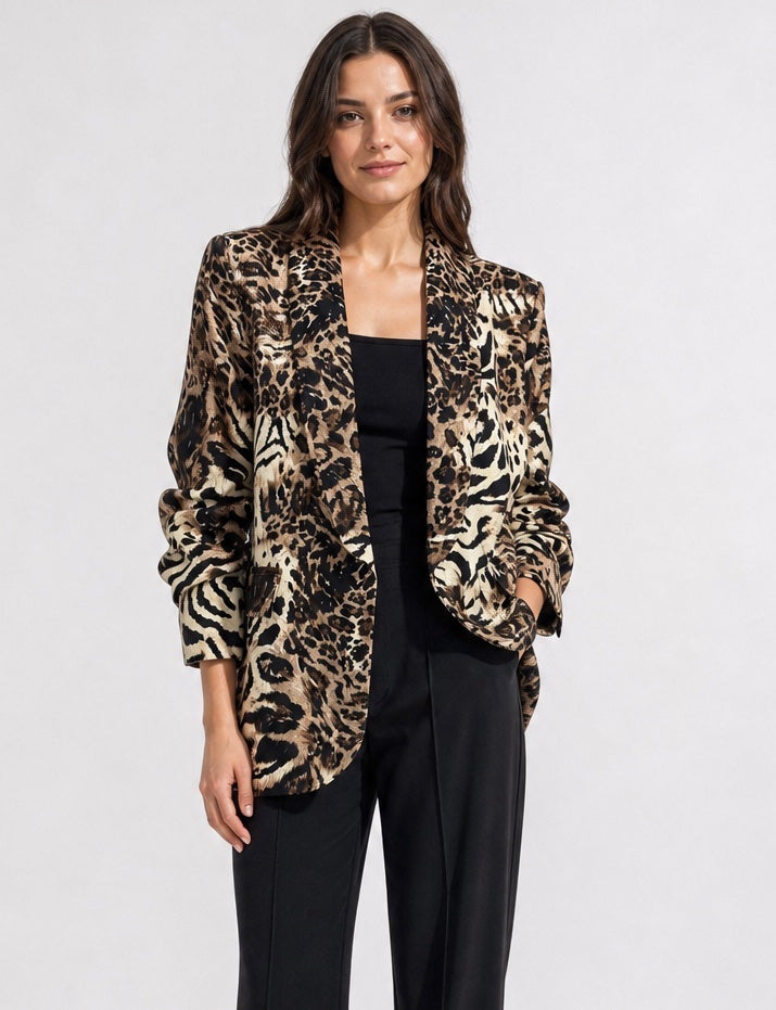 Wild Instincts Animal Print Blazer - Brown