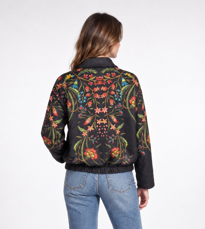 Embroidered Floral Bomber Jacket - Black